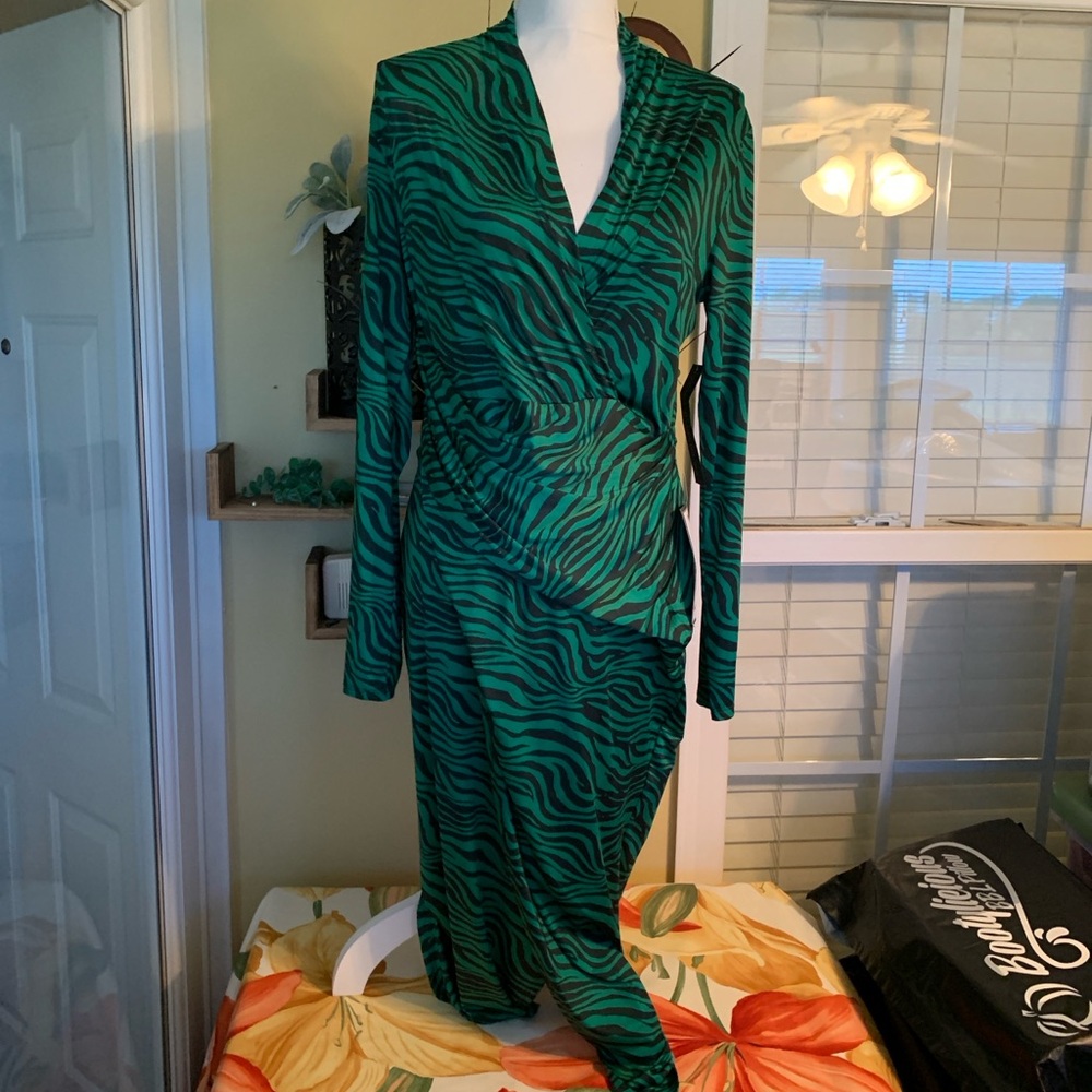 Green Zebra Print Wrap Dress - Picture 2 of 14